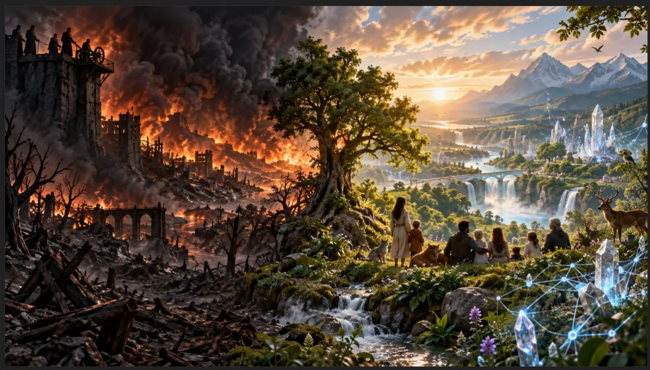 KI-generierte symbolische Illustration: Zwischen einer brennenden zerstörten Stadt und einer friedlichen Landschaft steht ein großer Baum. Menschen und Tiere blicken gemeinsam in eine helle, von Natur und dezent dargestellter Technik geprägte Zukunft.